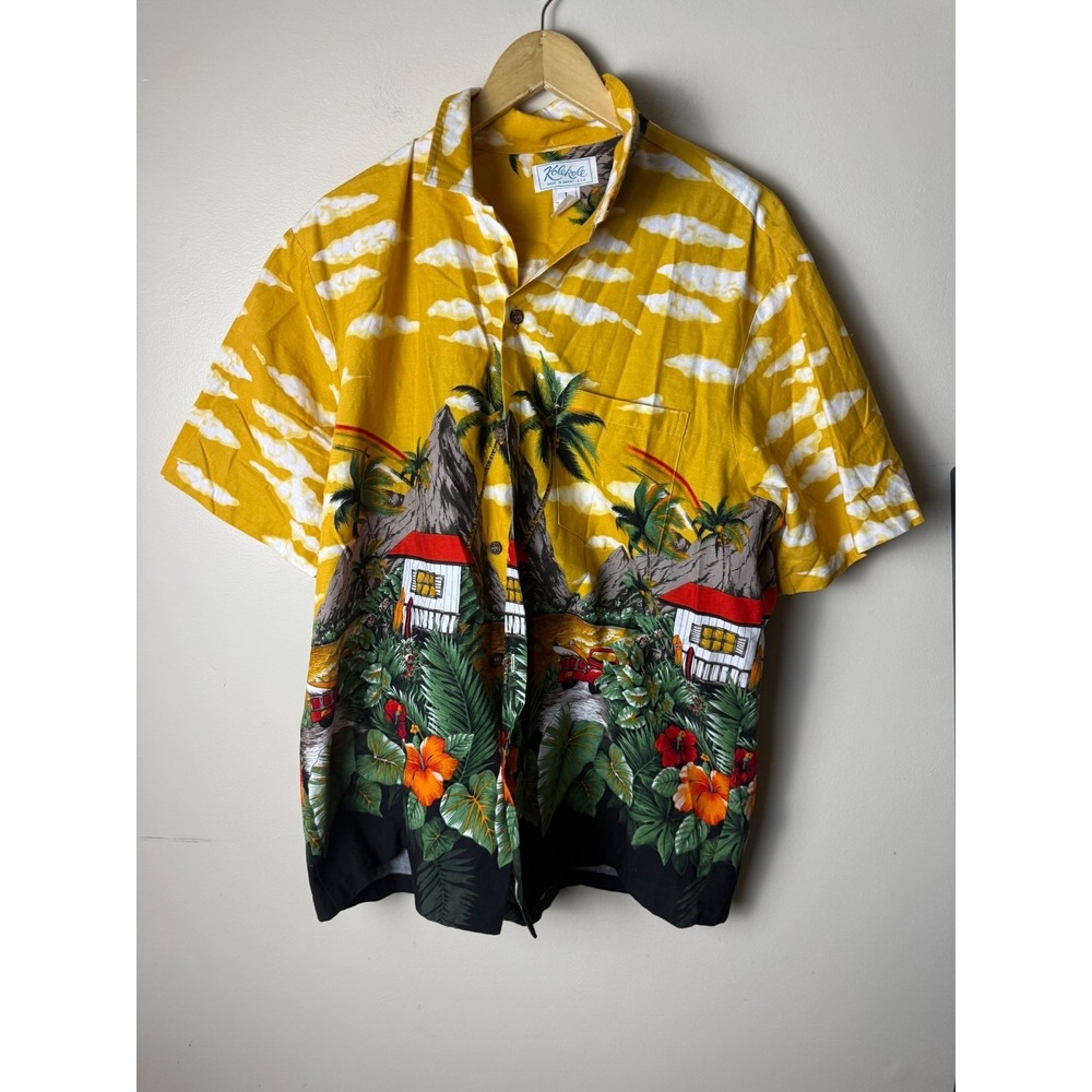 VIntage Kolekole Hawaiian Casual Shirt Men's L Yellow Volcano AOP Vacation‎